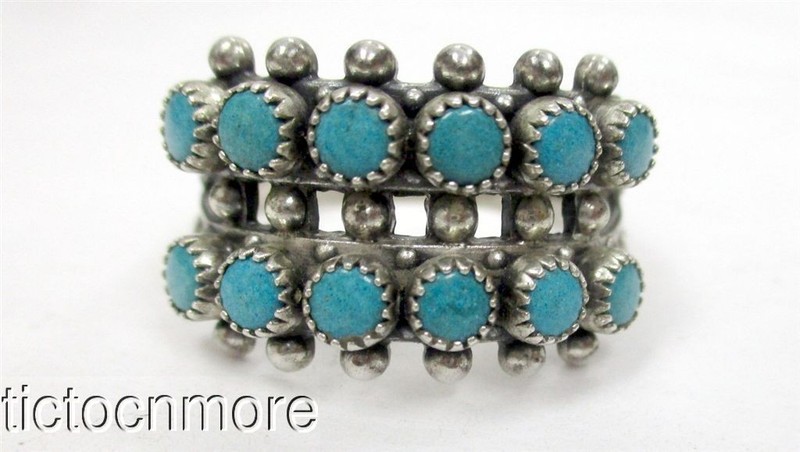 VINTAGE ZUNI INDIAN PETIT POINT BLUE TURQUOISE NEEDLEPOINT ROW RING STERLING