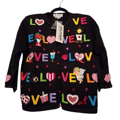 Jack B. Quick Womens NWT Valentine Love Cardigan MED Whimsical Artsy Art-to-wear