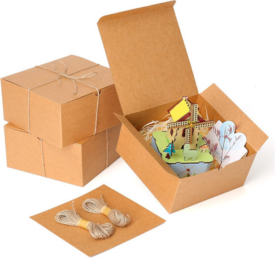 Brown Geschenkbox Kraftpapier (3-Stück) -8x8x4 inchs Karton mit Deckel Einfach z