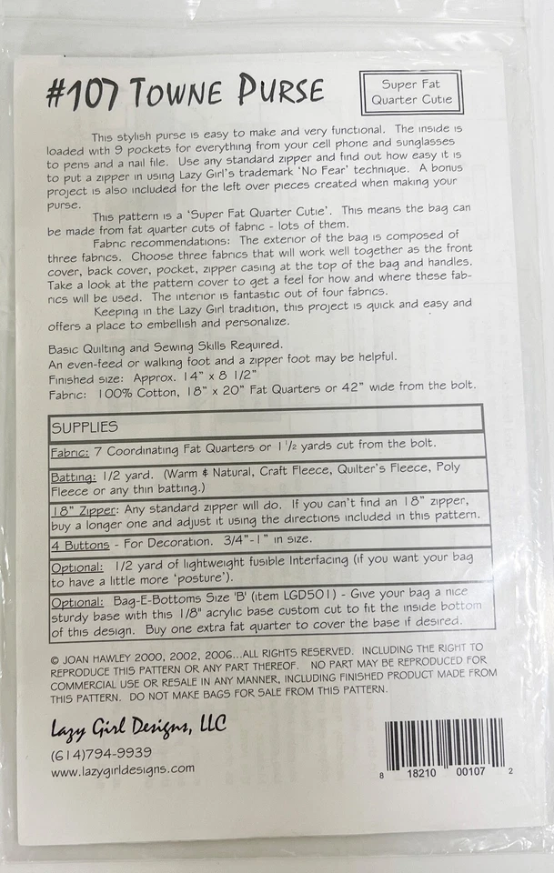 Lazy Girl Designs TOWNE PURSE Sewing Pattern #107 Handbag Bag Joan Hawley ©2000 - Image 2 of 3