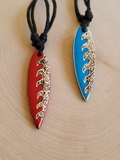 Hand Carved Painted Wood Surfboard Pendant Adjustable Necklace Surfer Wave