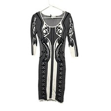 Free People Small Dragonfly Black White Bodycon Fitted 3/4 Sleeve Dress EUC