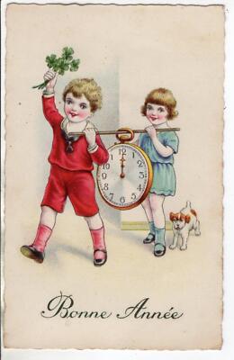 Postcard Happy New Year, children wear a watch very old!!