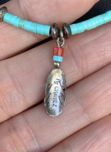 Vintage Sterling Silver Turquoise Coral Feather Pendant Necklace HJ Chavez G1 - Picture 7 of 15