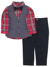 Infant  Toddler Boys Dress Up Suit Pants Red Plaid Shirt Bow Tie Outfit