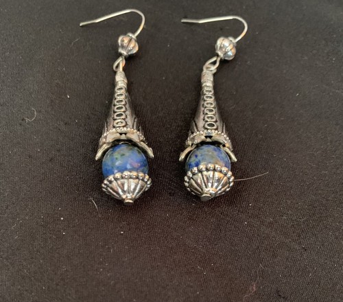 Blue Gemstone Bead And Tibetan Silver Earrings One Of A Kind - Picture 3 of 5