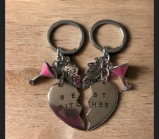 Best Friends Best Bitches Pink Glass Charms Decorated Key Chain