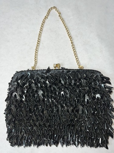 60’s VTG Black Beaded Cha Cha Clutch Chandelier Dangle Evening Purse - Bild 2 von 7