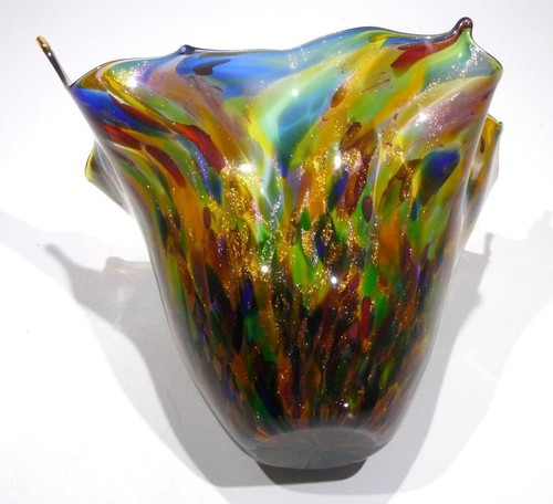 HAND BLOWN GLASS ART BOWL/VASE, RAINBOW, RED, BLUE, AQUA, PURPLE, DIRWOOD, n4000 - Picture 8 of 9
