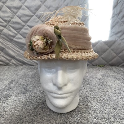 Miriam Lewis Hat 50s Mid Century Pink Church Derby Tea Ribbon Antique Vintage