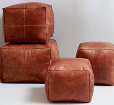 Pouf Leather Ottoman Moroccan Footstool Unstuffed Handmade Cover Pouffe Genuine