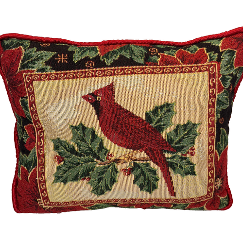 Tapestry Cardinal Throw Pillow Vtg Holly & Poinsettias Red Back Decorative
