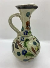Vintage 1970s Tonala 6” Pitcher Vase With Flowers And Butterflies Mexico