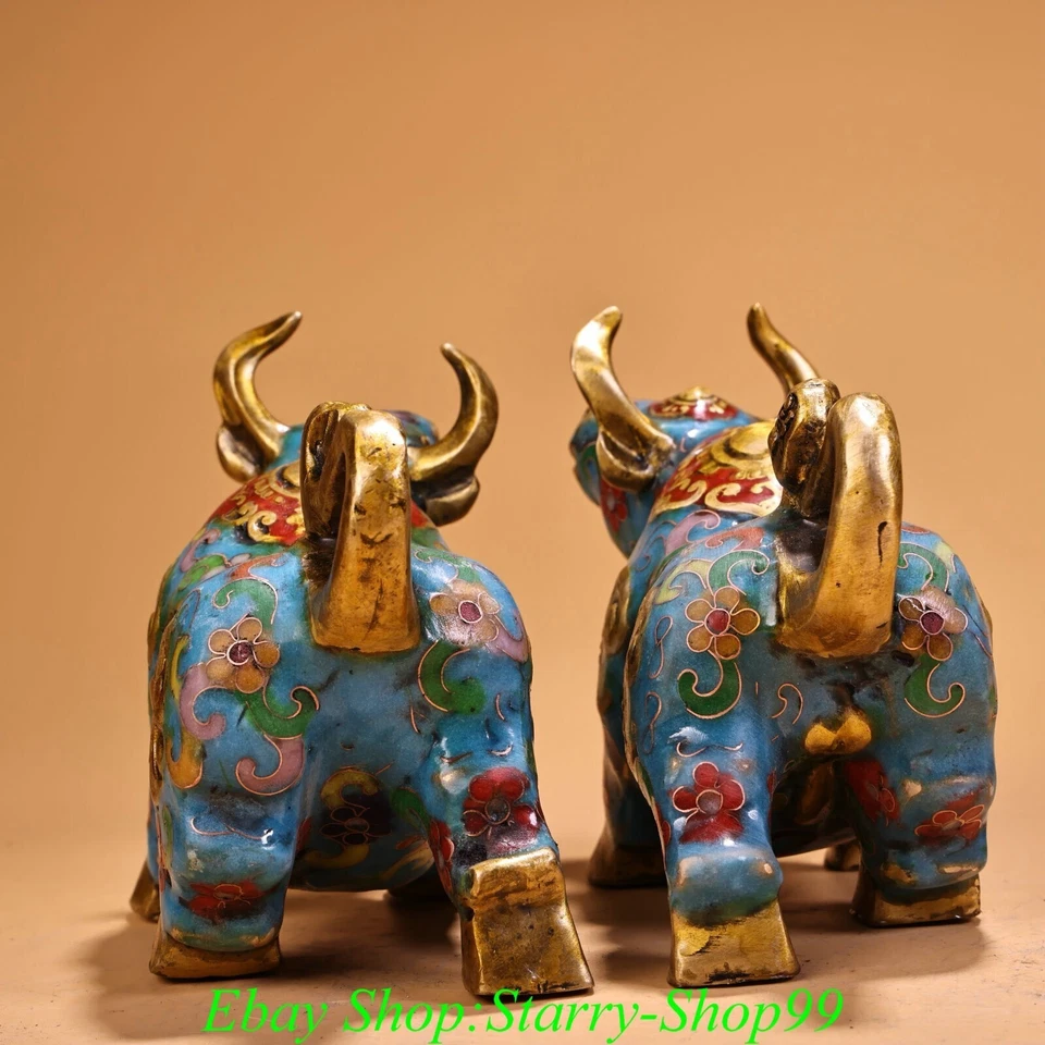 6" Antiguo China Cloisonne Bronce Dorado Fengshui Riqueza Niu Vaca Buey Animal Estatua Par Foto 4 de 4