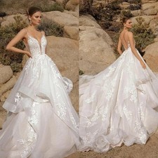 Spaghetti Straps Deep V Neck Lace Wedding Dresses Layered Appliques Bridal Gowns
