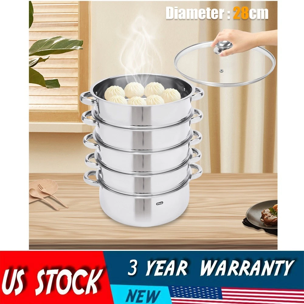 5 layer Stainless Steel Steam Cooker Steamer Set Pan Cook Pot with Glass Lid