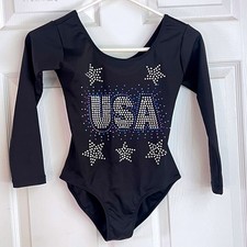 AK Leotard XS Girls USA Rhinestone Long Sleeve Black Star Patriotic Bling