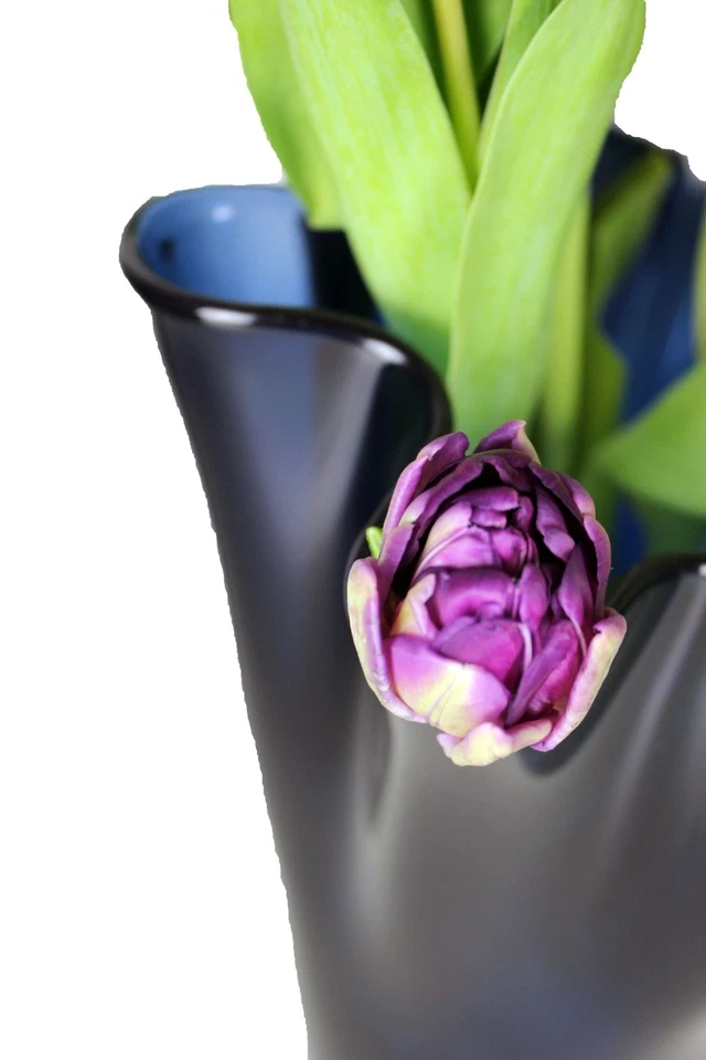 Vase Glas gewellt blau Glasvase Blumenvase mundgeblasen Signature Tischvase - Bild 2 von 4