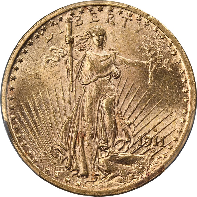 1911-S Saint-Gaudens Gold $20 PCGS MS63 Great Eye Appeal Strong Strike