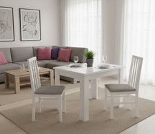 White Solid Wood Dining Table 90cm with 2 Chairs White Finish Fabric Cushion