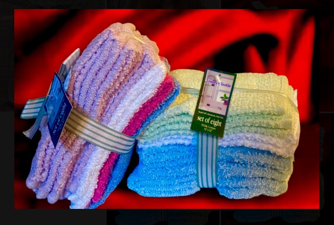 Tommy’s textile 16ct wash cloths 100% Cotton,12”x12"Green,white,purple,blue,Pink