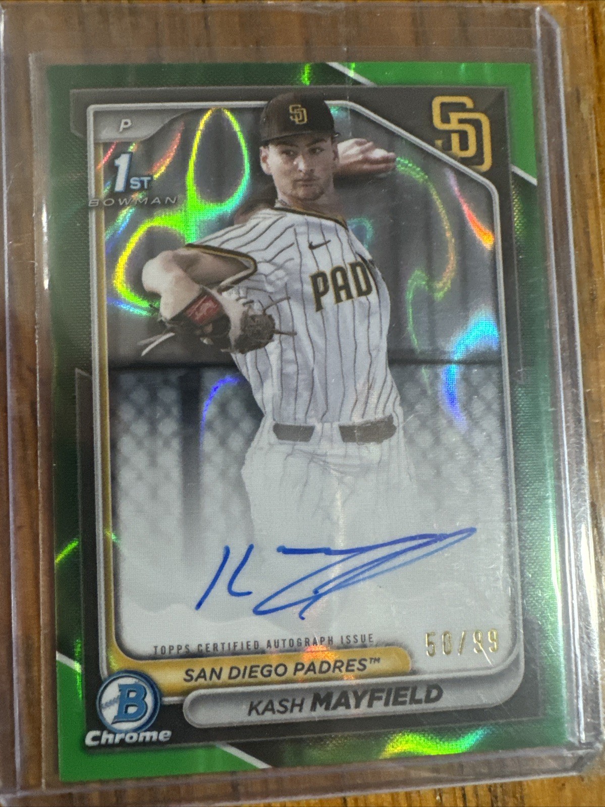 2024 Bowman Chrome Draft Kash Mayfield 1st Green Lava Refractor Auto /99