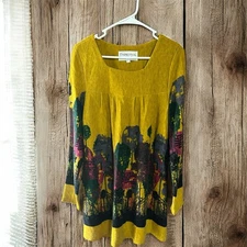 Francesca’s Mustard Yellow Tunic Top Boho Art Print Long Sleeve Women’s Medium