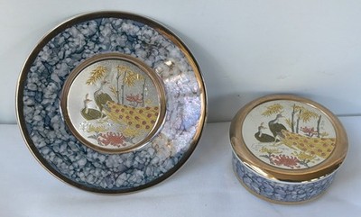 Vintage Art Of Chokin Colorful Japanese Peacocks Trinket Box /Plate