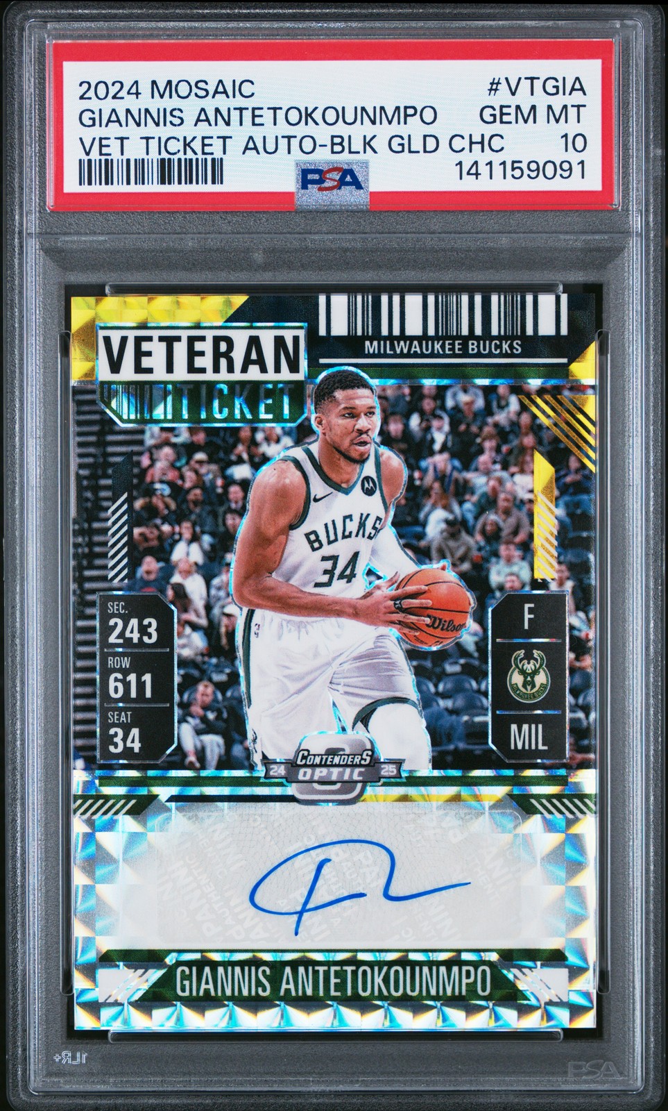 Giannis Antetokounmpo 2024 Mosaic Choice Black Gold Contenders Optic /8 PSA 10 view 1