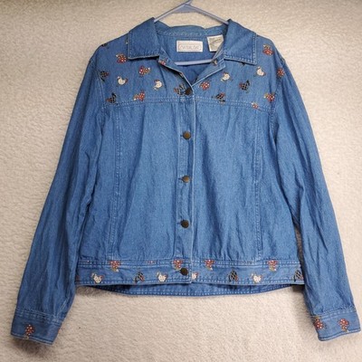 Vintage Mandal Bay Denim Top Large Blue Chickens 100% Cotton farm Ranch Country
