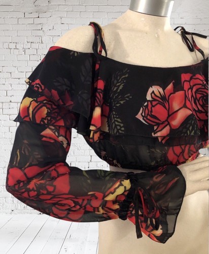 Vtg Sexy BRAZIL Sheer Crop Top Off Shoulder Long Sleeves LE DONNE Floral Black - Picture 3 of 11