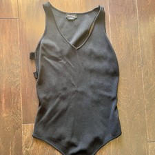 Bebe black ribbed knit V-neck tank top bodysuit M strappy cut-outs on the sides