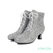 Womens Glitter Sequins Ankle Boots Low Heel Performance Shoes Fashion Lace Up