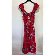 Old Navy red floral maxi dress size M belted lined flutter sleeve romantic