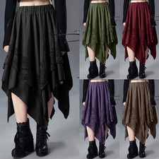 Womens Lace Pleated Skirt Gothic Steam Punk Elasticated Waist Casual Swing Dress