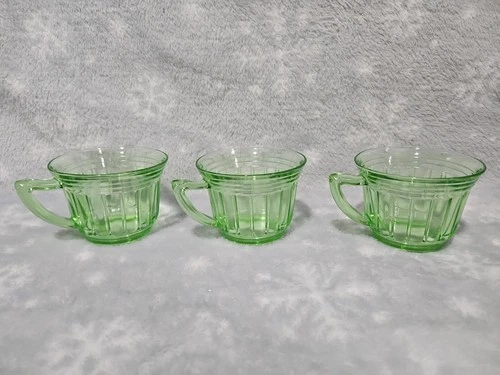 3 Vintage Green Uranium Depression Glass Punch Tea Cups