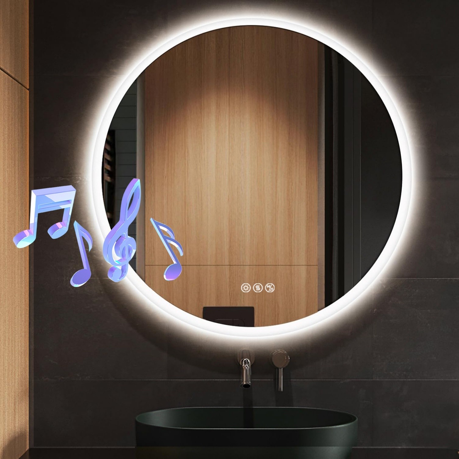 LUVODI Round LED Bathroom Mirror with Lights 3D Backlit Mirror Bluetooth Speaker