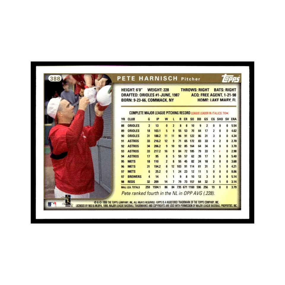 Pete Harnisch 1999 Topps #388 Cincinnati Reds Baseball Card NM - Image 2 of 3