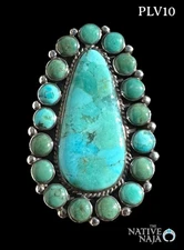 Large Navajo Signed Kingman Turquoise & S Silver Cluster Ring SZ 7 1/4 PLV010