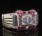 Retro Bulova 14k Rose  Green Gold Diamond  Ruby Hidden Watch Bangle Bracelet