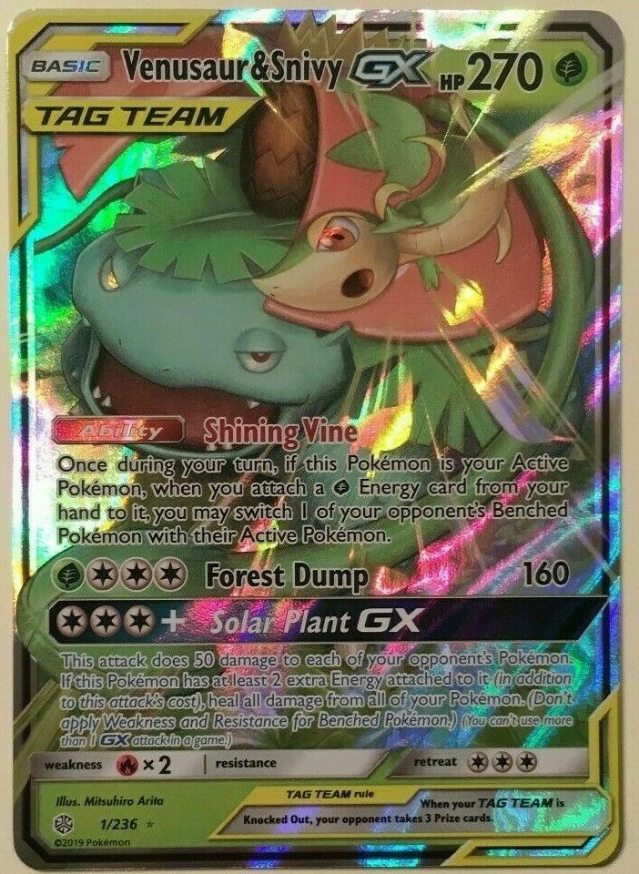 ULTRA RARE Venusaur & Snivy GX Tag Team 1/236 Pokemon SM Cosmic Eclipse Holo- LP