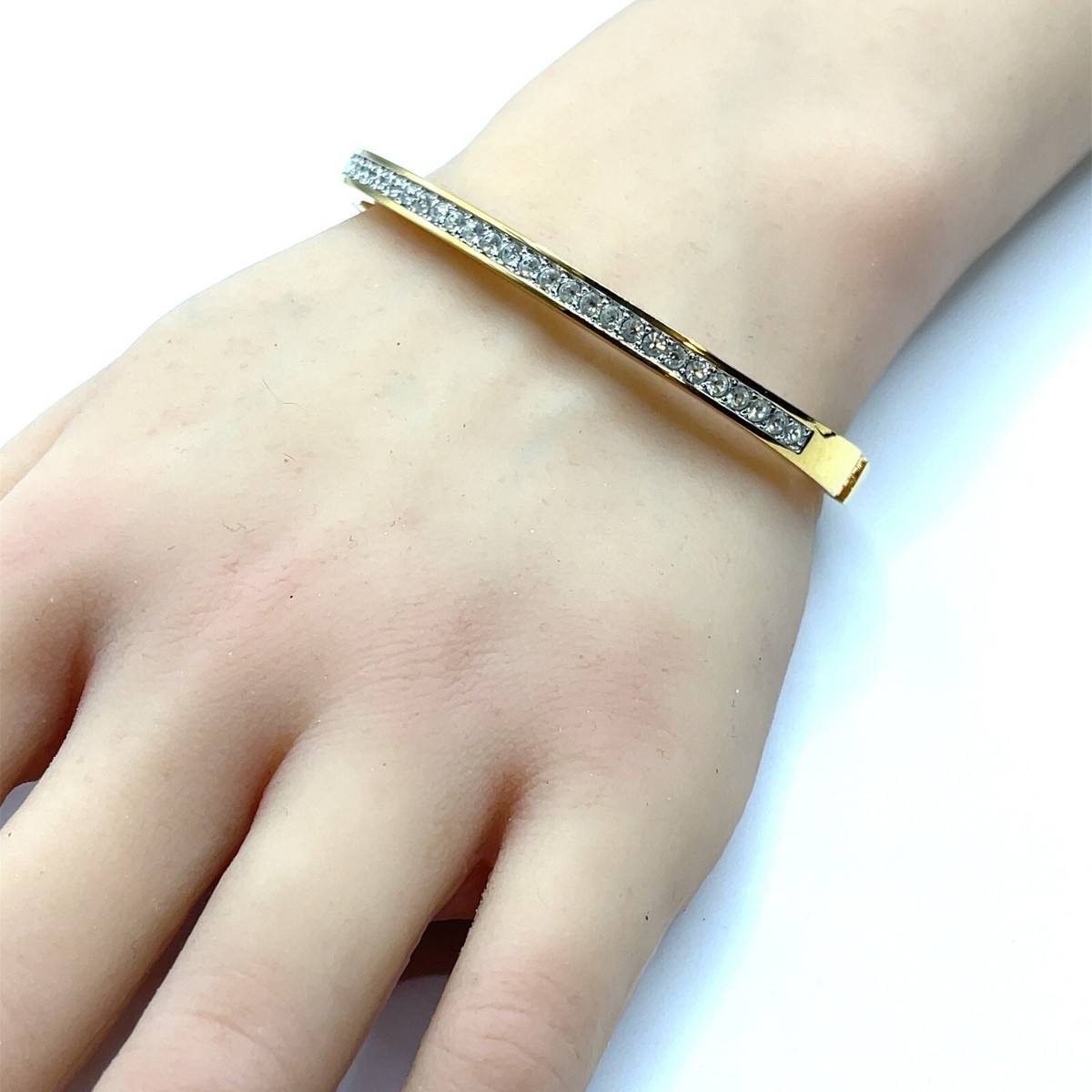 Vintage Swarovski Crystal Bright Gold Tone Hinged Bangle Bracelet  Inch