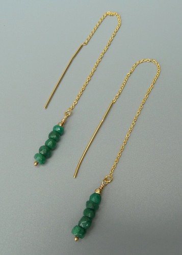 Green Emerald Faceted Rondell Handmade Gold Plated Chain Threader Drop Earrings - Picture 7 of 15
