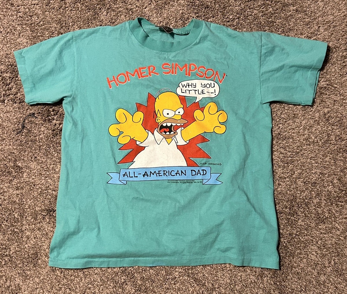 Vintage 1990 The Simpsons Homer All American Dad Green SSI T-Shirt