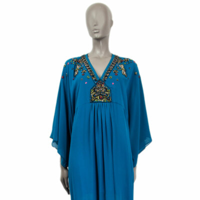 a 63479 auth ROBERTO CAVALLI petrol silk CRYSTAL EMBELLISHED Kaftan