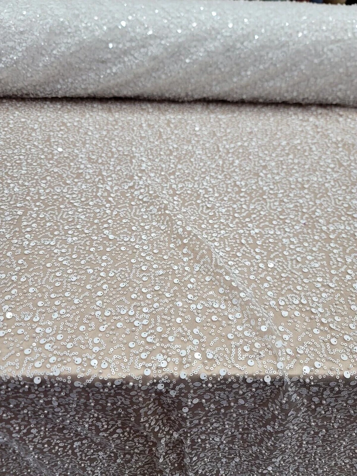 Bordado de lentejuelas con cuentas blancas Tejido de encaje elástico nupcial por yarda Boda Foto 2 de 4