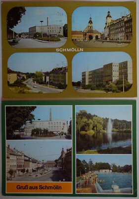 2 AK Schmölln, u.a. Platz der Neuerer, Markt, Robert-Koch-Straße, Brauereiteich