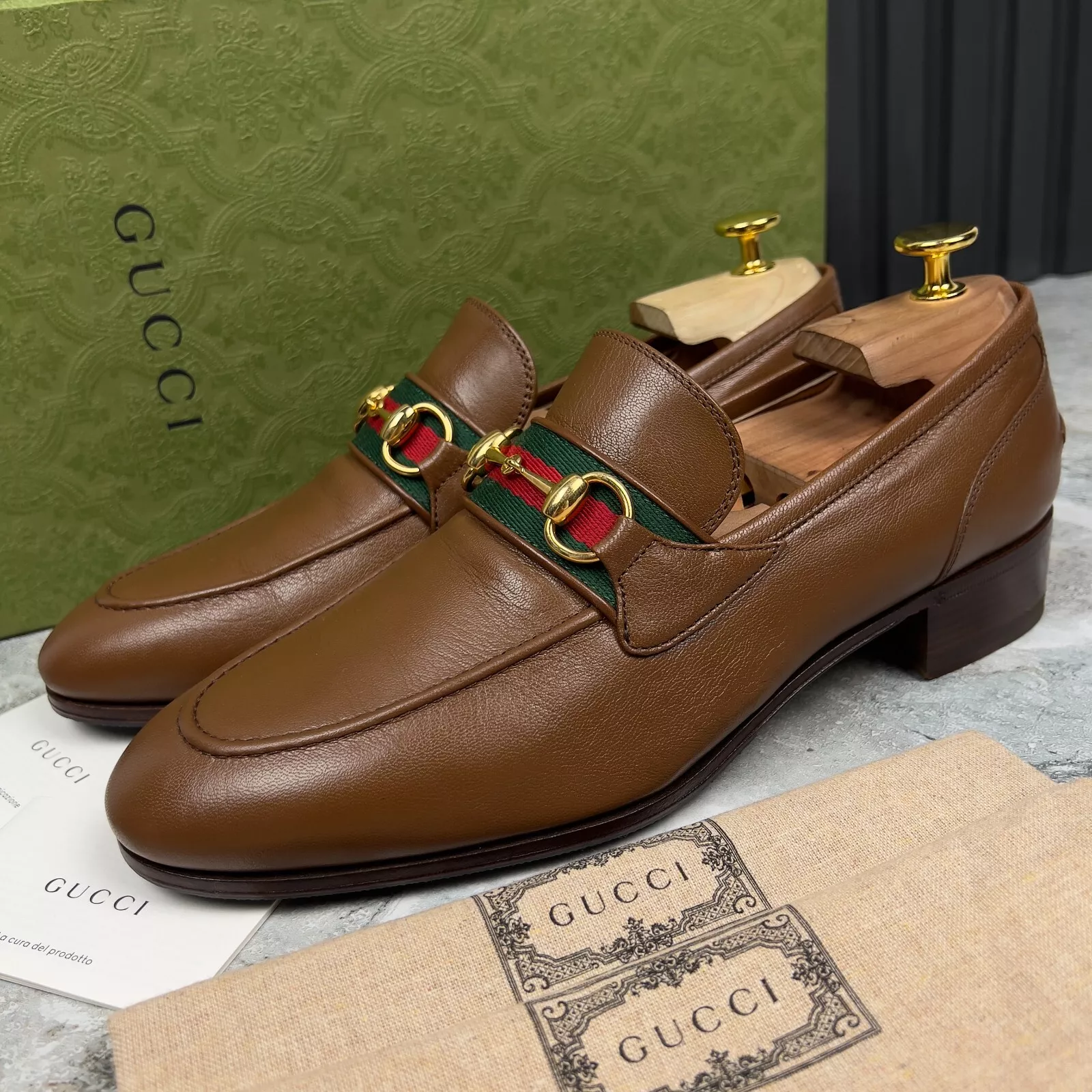Mocassins GUCCI Web Horsebit Jordaan cuir marron 8 G ou 8,5 US ou