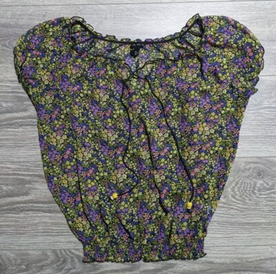 F.A.N.G Blouse Adult US Small Floral V-Neck Semi Sheer Shirred Hem Womens