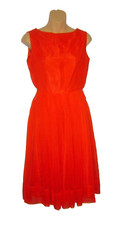 Vintage 1950s Bright Red Cocktail Dress Fit N Flare Boat Neck Sheer Overlay Sz 9